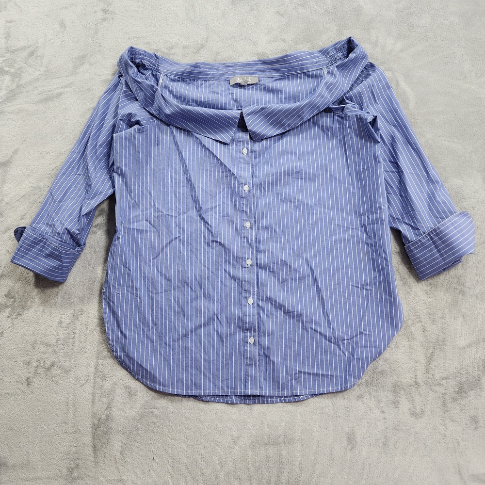 Marled Shirt Womens XL Blue Stripe Off Shoulder Wide Collar Half Sleeve Preppy